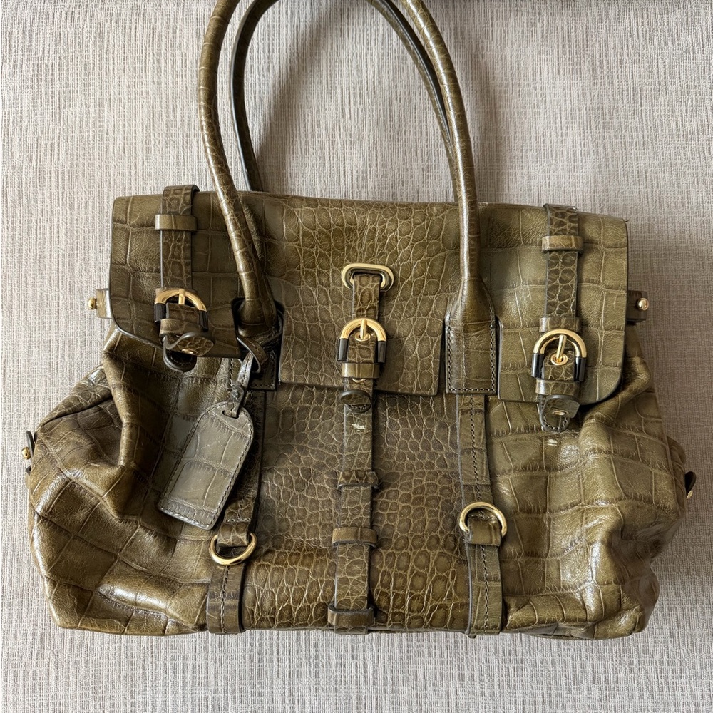 Badgley Mischka Olive Crocodile-Embossed Satchel
